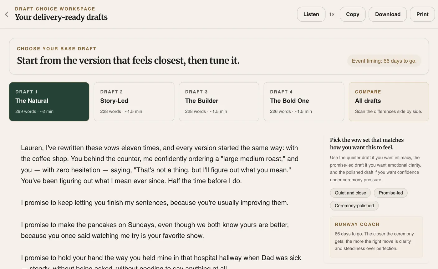 Screenshot of the draft editor showing four versions of his wedding vows in tabs, an editable vow draft, and a delivery coach sidebar