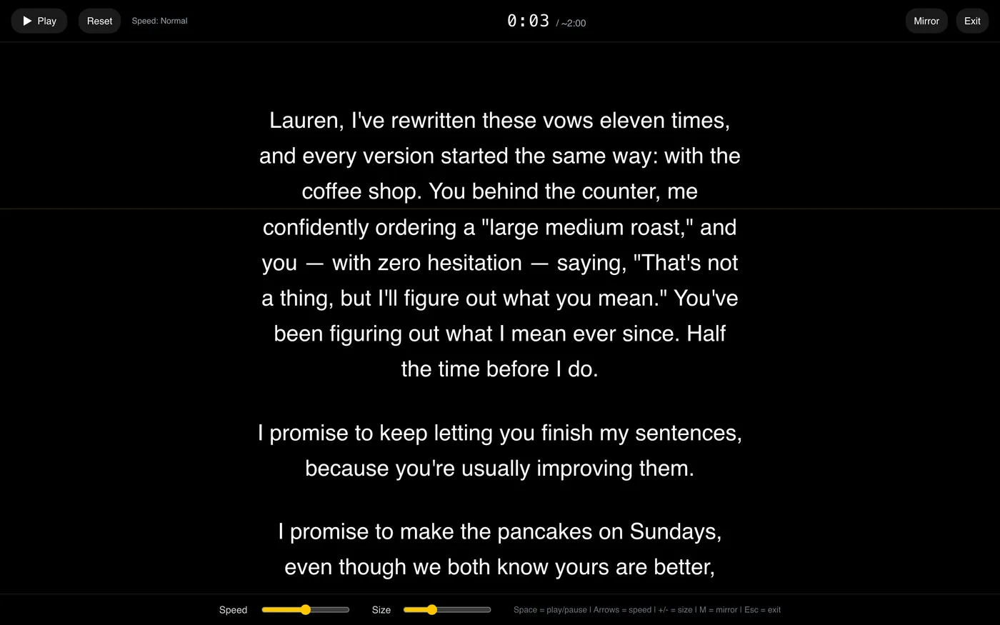 Screenshot of the practice teleprompter scrolling wedding vows mid-rehearsal, with play, speed, and timer controls