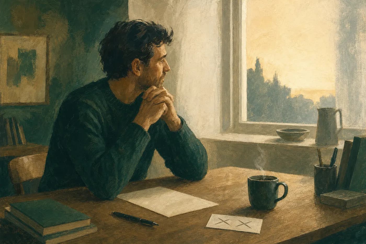 Painted scene of a man at a wooden desk before sunrise, coffee steaming beside a card with crossed-out lines