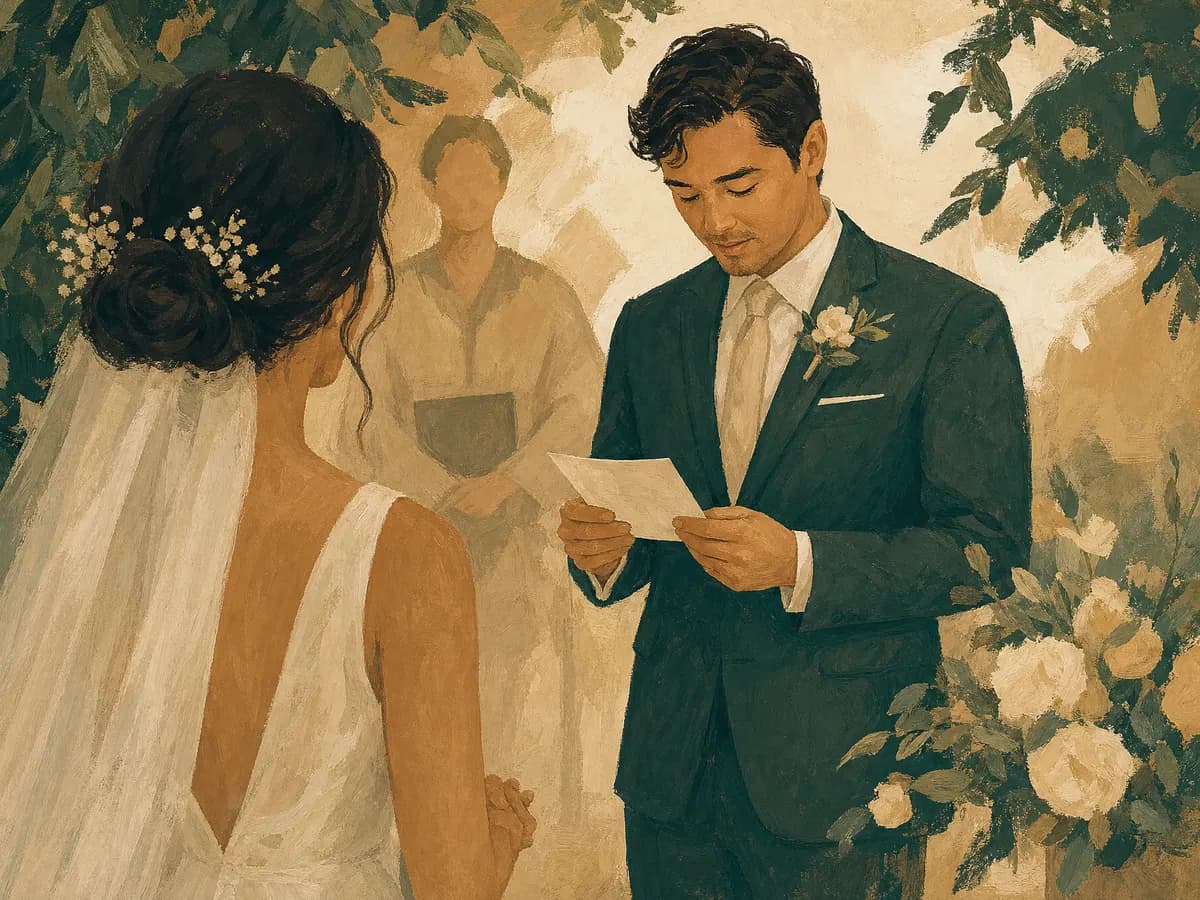 Painted scene of a groom reading vows from a small card while the bride listens, hands clasped