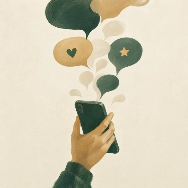 Illustration of a hand holding a phone with speech bubbles rising from it